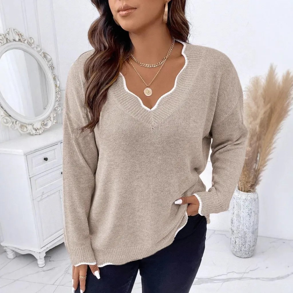 

Новый модный кружевной вязаный пуловер с v-образным вырезом, универсальный цельный женский повседневный свитер большого размера