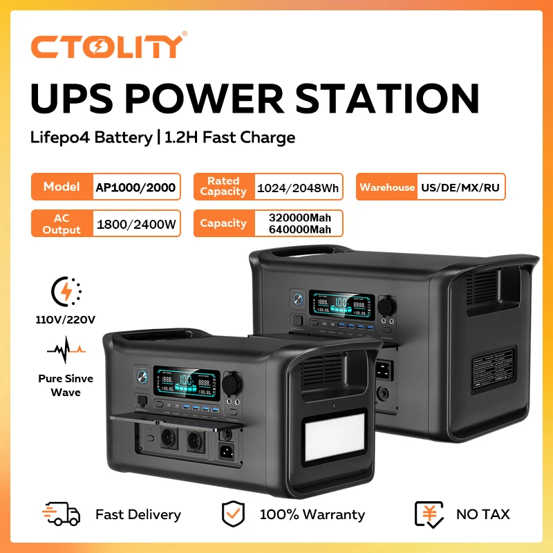 CTOLITY 1600W Portable Power Station Lifepo4 Battery 2400W Solar Generator AC Outlets Fast Charging for Outdoor Camping RV Home