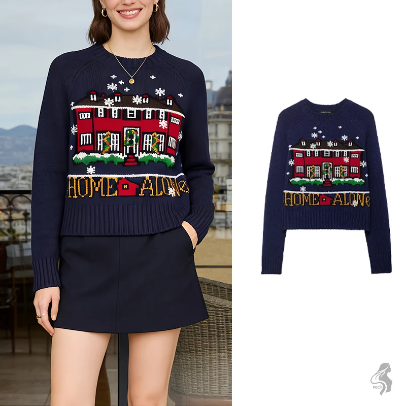 

Christmas Themed Cropped Sweater For Women Home Alone Red House Christmas Jacquard Crew Neck Long Sleeve Knit Top Woman Clothes