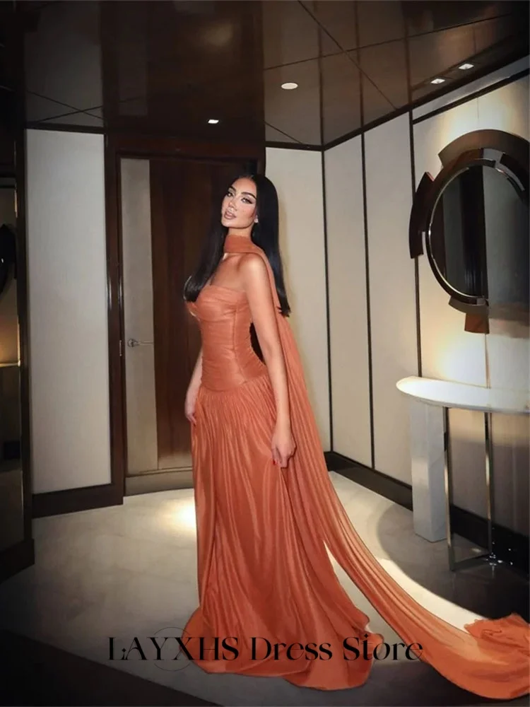 LAYXHS Elegante avondjurken Oranje strapless a-lijn sjaal plooi galajurken op maat gemaakte robes de soirée