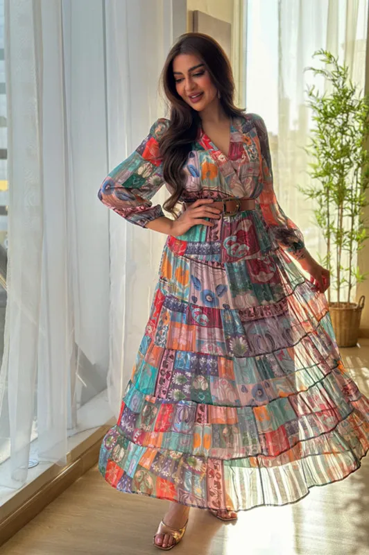 BKLD Long Sleeve V-Neck 2026 Spring Summer Clothes For Women Sexy Chiffon Printed A-Line Evening Dress With Belt Party Wear