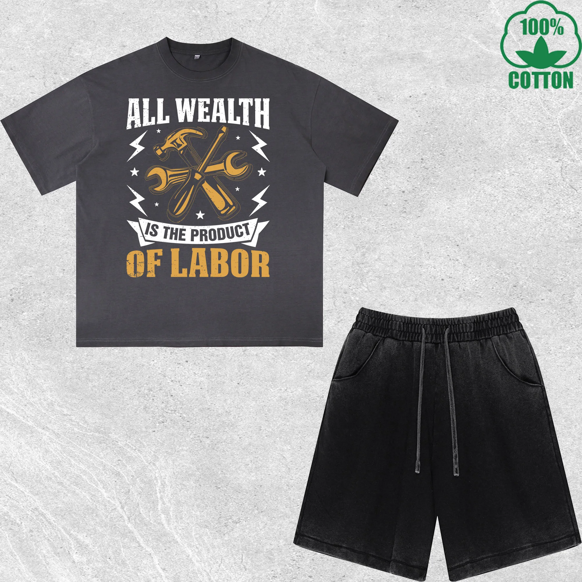 

All Wealth the Product Printed Dirty Wash 100%Cotton T-Shirt Shorts Set Multicolor Combo Loose Trendy Fashionable