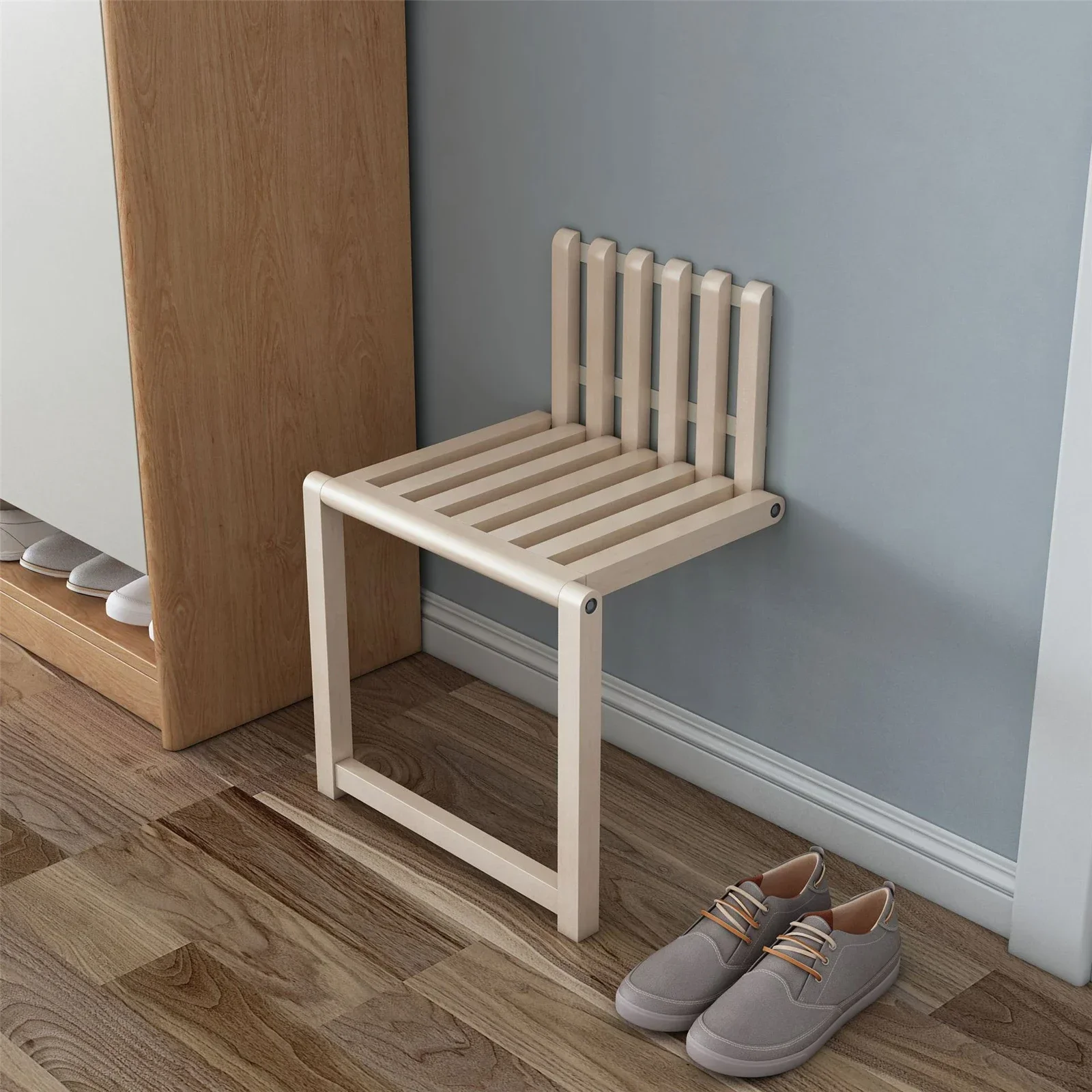 Silla plegable montada en la pared, taburete de madera maciza para porche, puerta, armario de zapatos, ahorro de espacio, baño, balcón, sala de estar