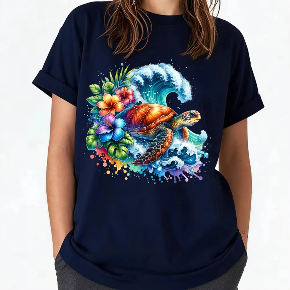 Sea Turtle Hibiscus Ocean Wave Tropical Graphic Tee Unisex Cotton Tee Beach Summer Vacation Casual Daily Basic Wear Top Shirt