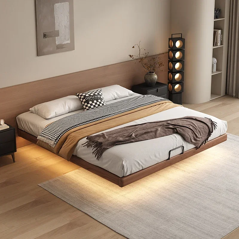 Cama suspendida de estilo Medieval sin cabecera, totalmente de madera maciza con borde empotrado, moderno, sencillo, pequeño apartamento, cama de boda de madera de fresno