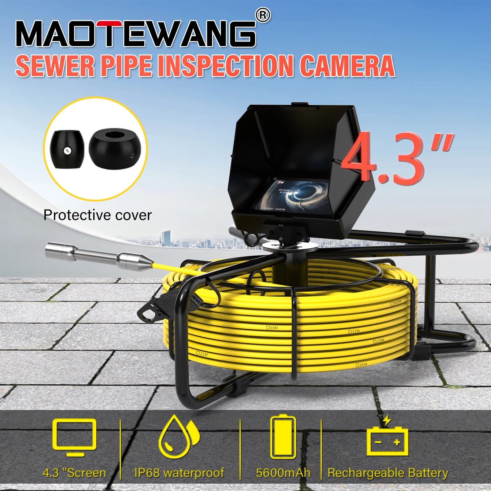Sewer Camera with DVR 4.3Inch Ips Color Monitor, Ip68 Waterproof Pipe Camera for Plumbing and Drain Inspection, 5600Mah Battery