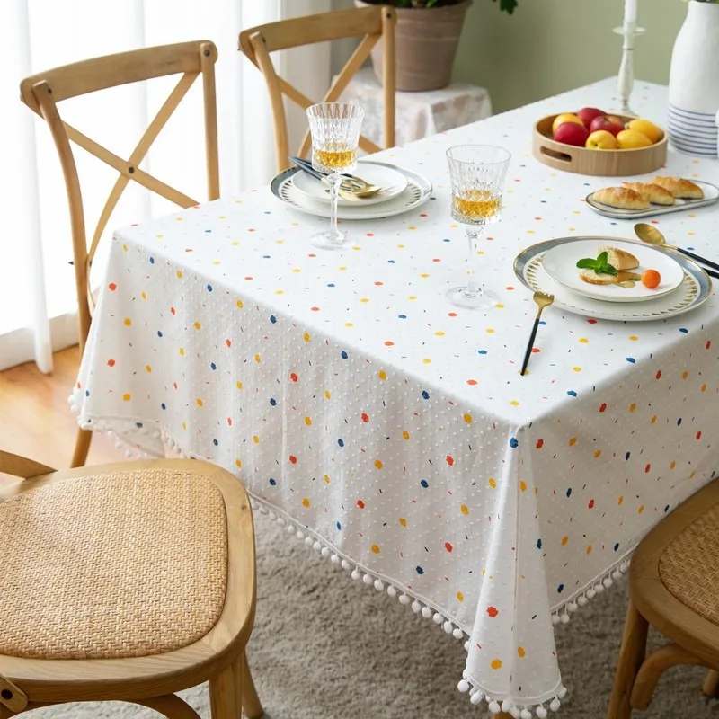 Tablecloth French Style Cotton Graffiti Jacquard Geometric Dot Cutting Flower Ball Rectangular Tablecloth Cover Towel