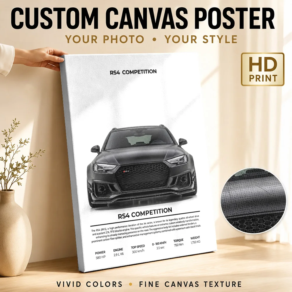 Black Sleek German RS4 Competition Car Canvas Painting Poster Personalized Photo Gallery Style Garage Wall Paintings Decoration