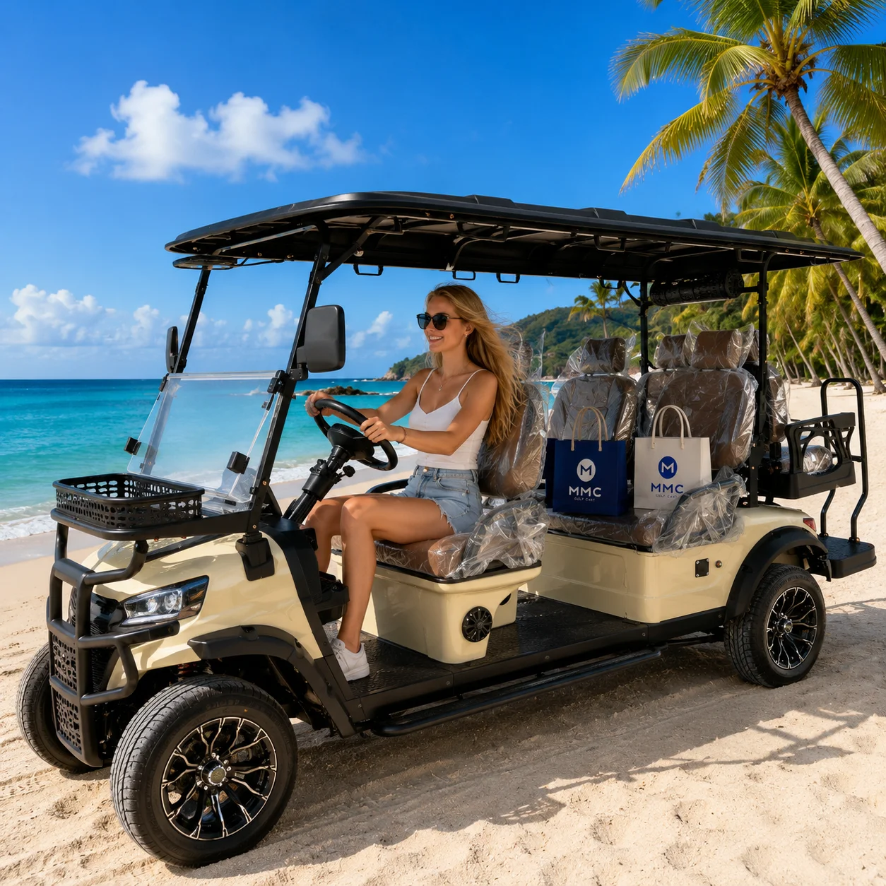 CE-certified 6-seater electric golf cart featuring long range and fast charging capabilities; available in 72V or 48V configurat