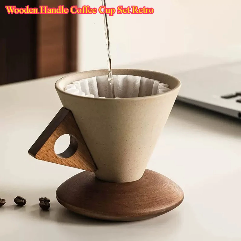 Wooden Handle Coffee Cup Set Retro - Coarse Pottery Ceramic with Wooden Tray Latte