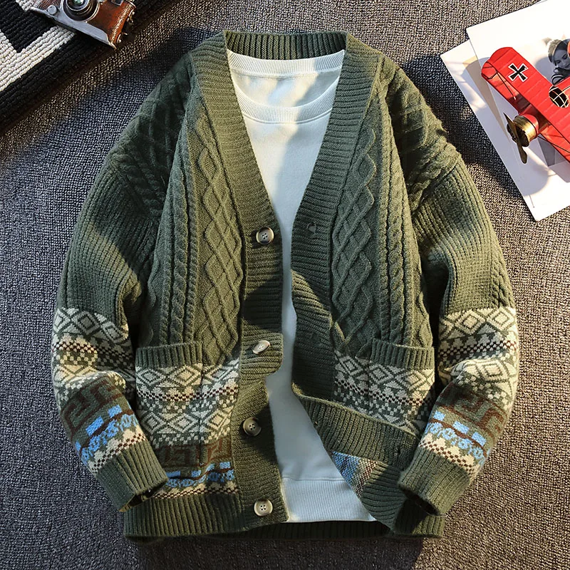 2025 Ethnic Jacquard Knit Cardigan Japanese Retro Casual Versatile Sweater Loose-Fit Sweater Jacket Couple Knitwear