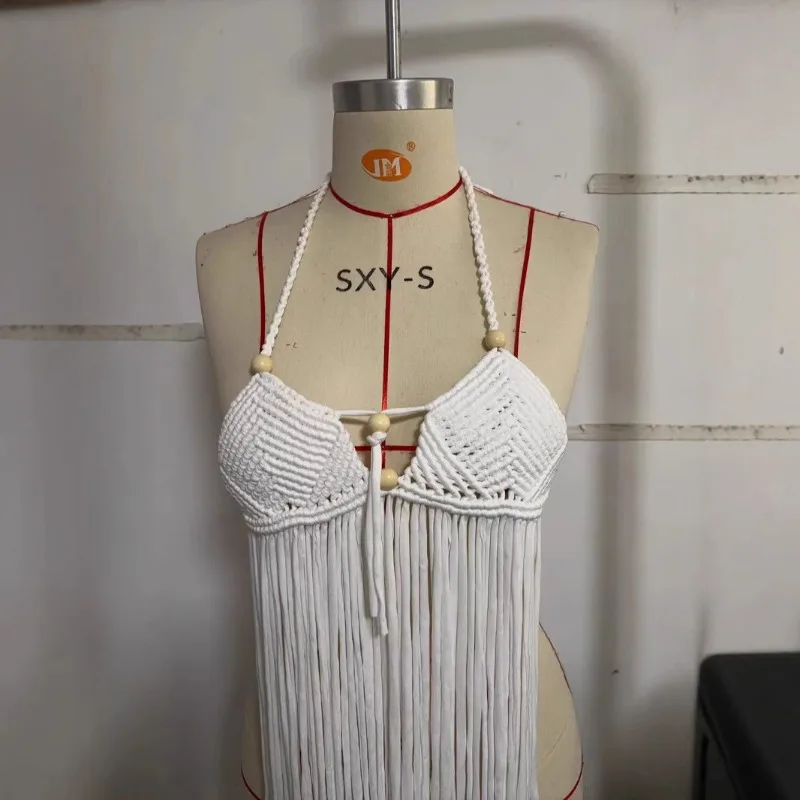 

Hand Crochet Tassel Halter Bohemian KnittingTank Tops 2025 Summer Women Sexy Backless Sleeveless Holiday Beach Cover Ups Vest