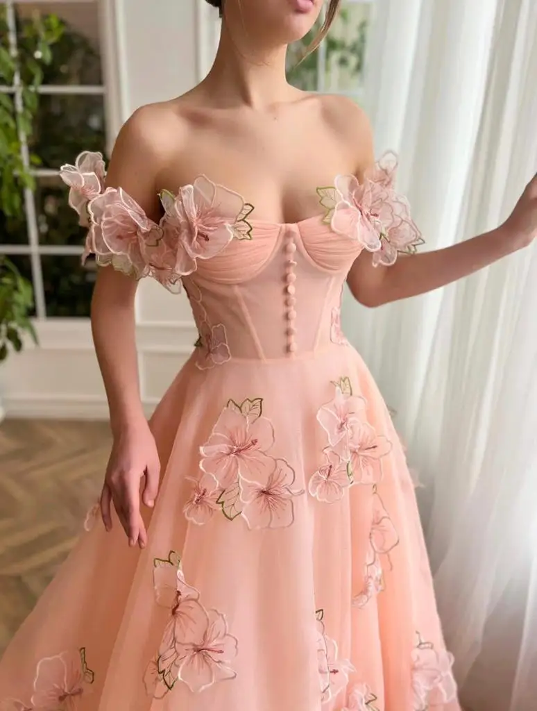 Juliet Peach Off Shoulder vestido de formatura para adolescentes, Long 3D Lace Floral Corset, Tule Homecoming vestido de festa para ocasiões especiais