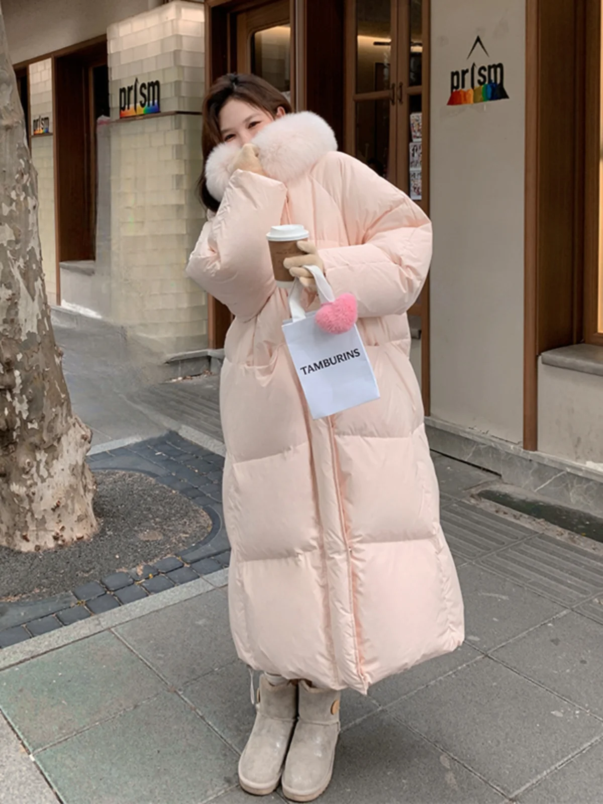 

Pink Large Fur Collar down Cotton Jaet Women Winter Thi Long over Knee Ankle Women's Cotton Coat Korean Sle Straight Cut