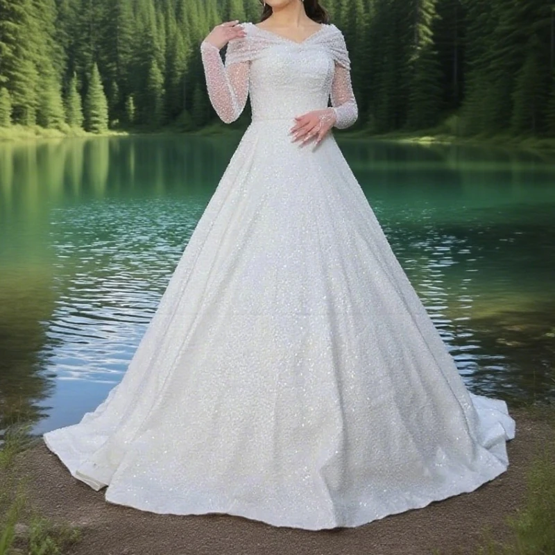 

luxury Beadings Evening Dresses A-Line V-Neck Prom Dresses Long Sleeves Wedding Dresses robes invitée mariage dubai