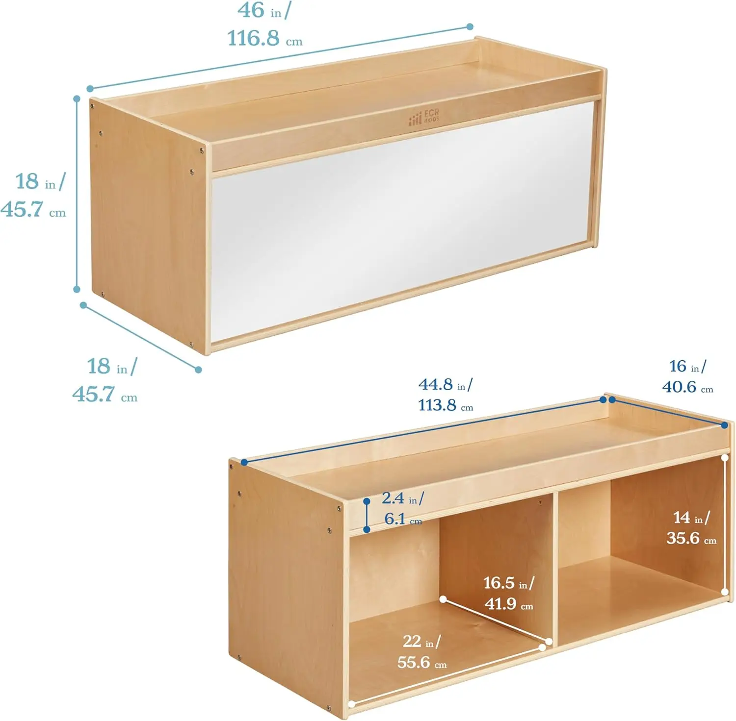 Gabinete de almacenamiento con tapa de actividad y espejo, muebles de aula, natural