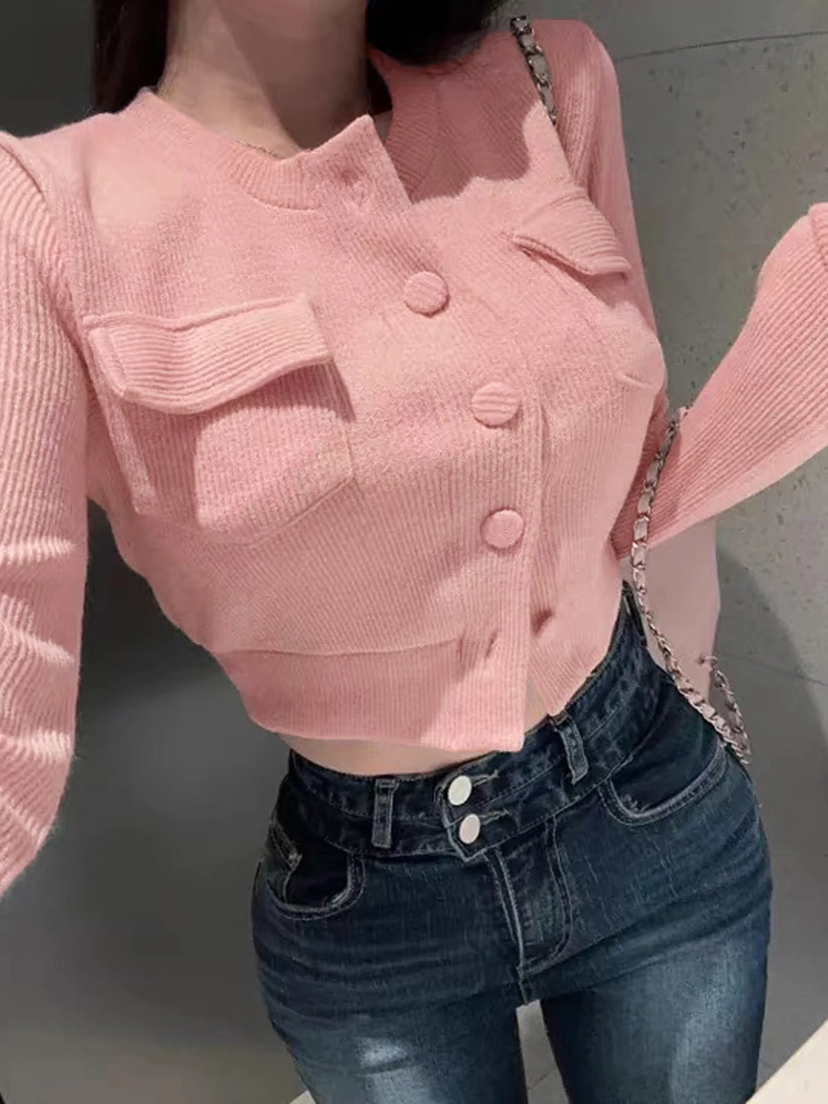 Sexy Long Sleeve Knitted Sweater Women's Single Button Short Outerwear Top Dongda Gate New Korean Style Versatile Casual Wear