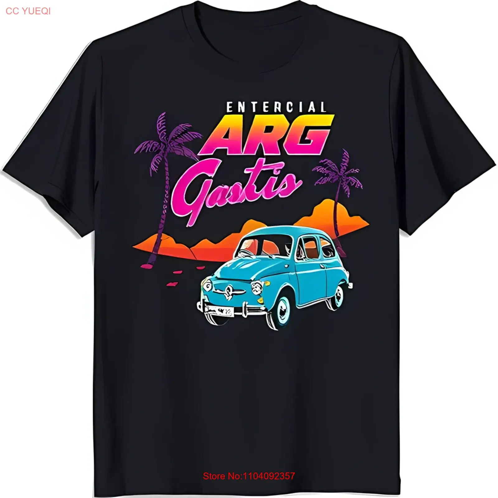 

Винтажная черная футболка с классической синей графикой автомобиля и дизайном заката