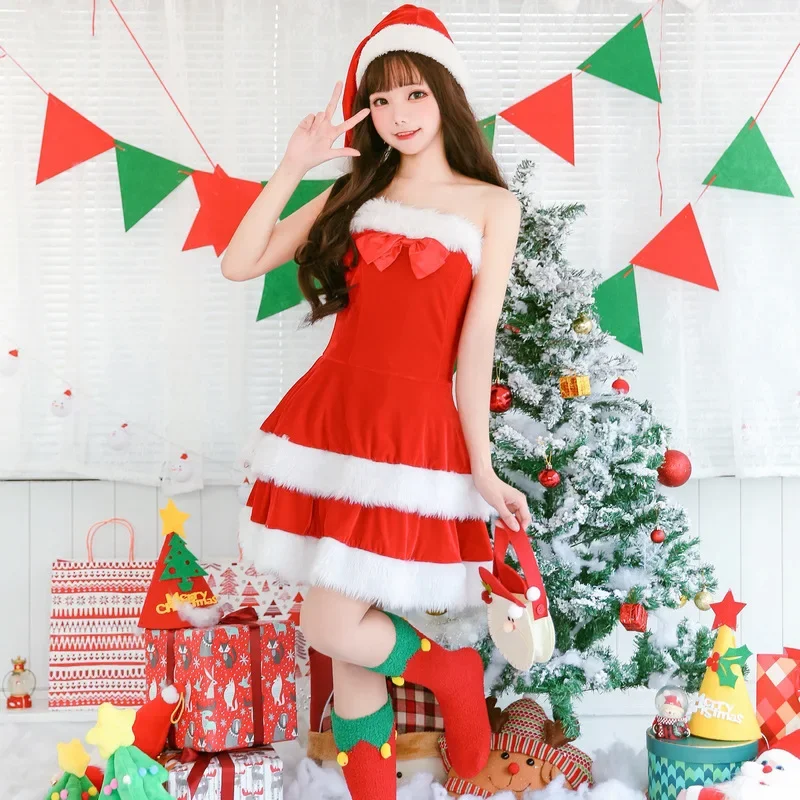 Świąteczny Uroczy Czerwony Strój Świąteczny Damski Kostium na Imprezę Noworoczną Strój Świętego Mikołaja Miękki Strój dla Dziewczyn Szal Płaszcz Zestaw