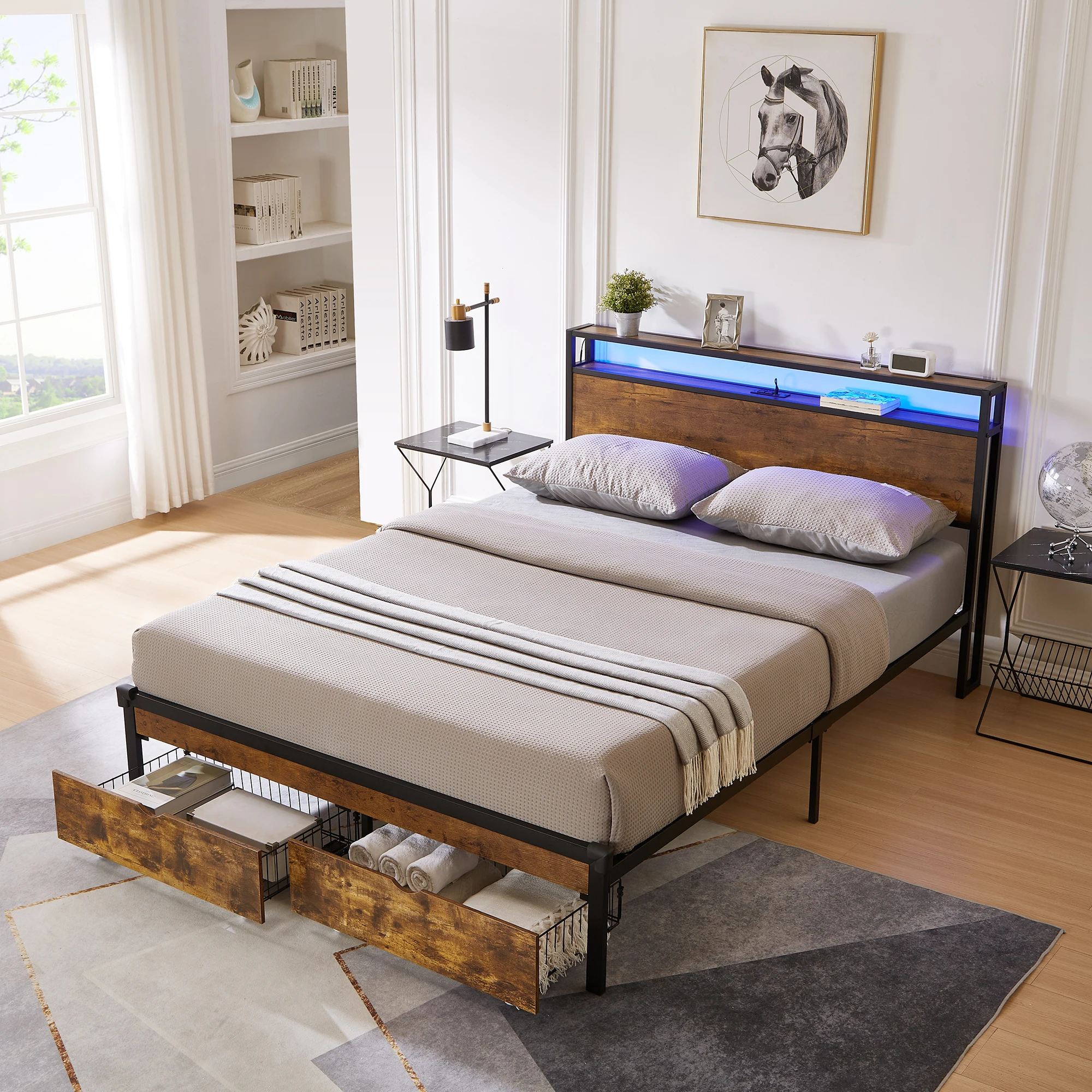 Queen Size Metal Platform Bed Frame with Wooden Headboard and Footboard with USB,Charging Station,2 Drawers,LED Lights, No Box S