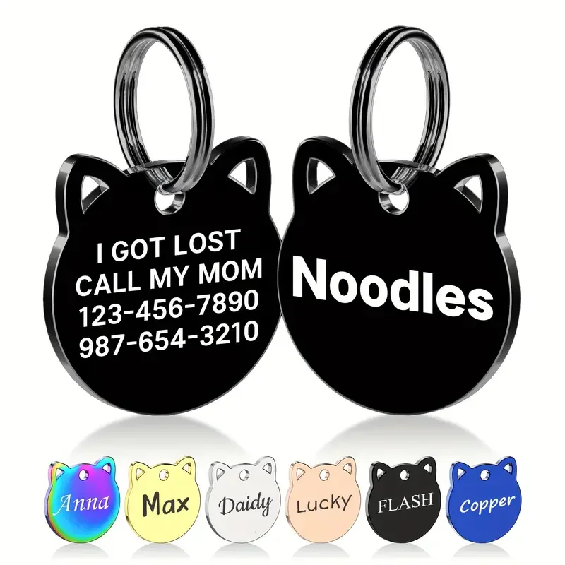 Maßgeschneidertes Namensschild für kleine Katzen aus Edelstahl mit graviertem Katzen- und Hundedesign, poliertes Hundemarke mit Katzenkopf-Design – Detail 3