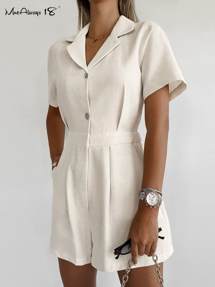 Mnealways18 Khaki Elegant Linen Cotton Rompers For Womens Short Sleeves Ruched Jumpsuit Summer 2024 Office Ladies Button Slim