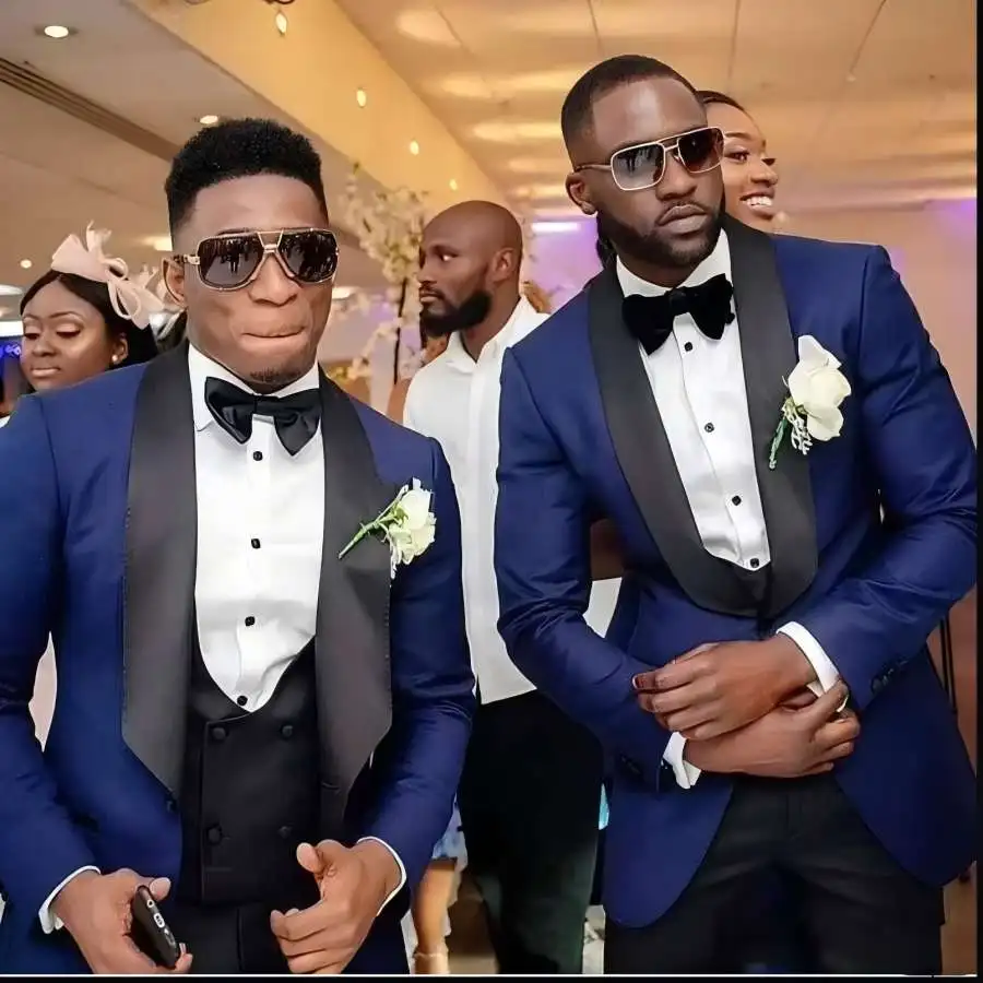 

Men's Groom Tuxedo Set - Light Navy & Black, Shawl Collar, Wedding Suit for Best Man (Jacket, Pants, Vest & Bow Tie) C684