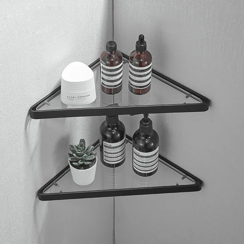 Nickel/Black Bathroom Corner Rack 304 Stainless Steel Shower Room Glass Shelf Wall-mounted Bath Storage Rack Triangle Rack