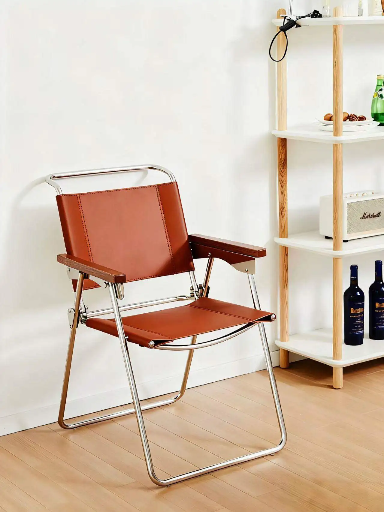 Nordic Retro Dining Chair Modern Minimalist Stainless Steel Saddle Leather Folding Backrest Chair Internet Famous OfficeArmchair
