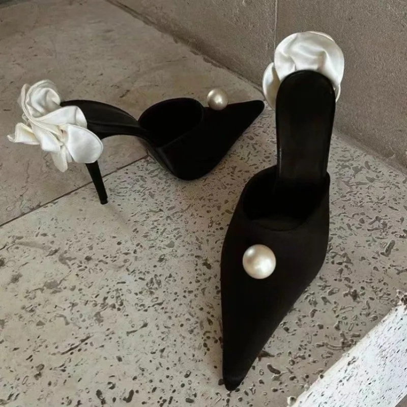 

Sharp Pointed Satin Pearl High Heels for Women, Slim Heels for Banquets White Rose Baotou Back Empty Sandals, 2026 New Pumps