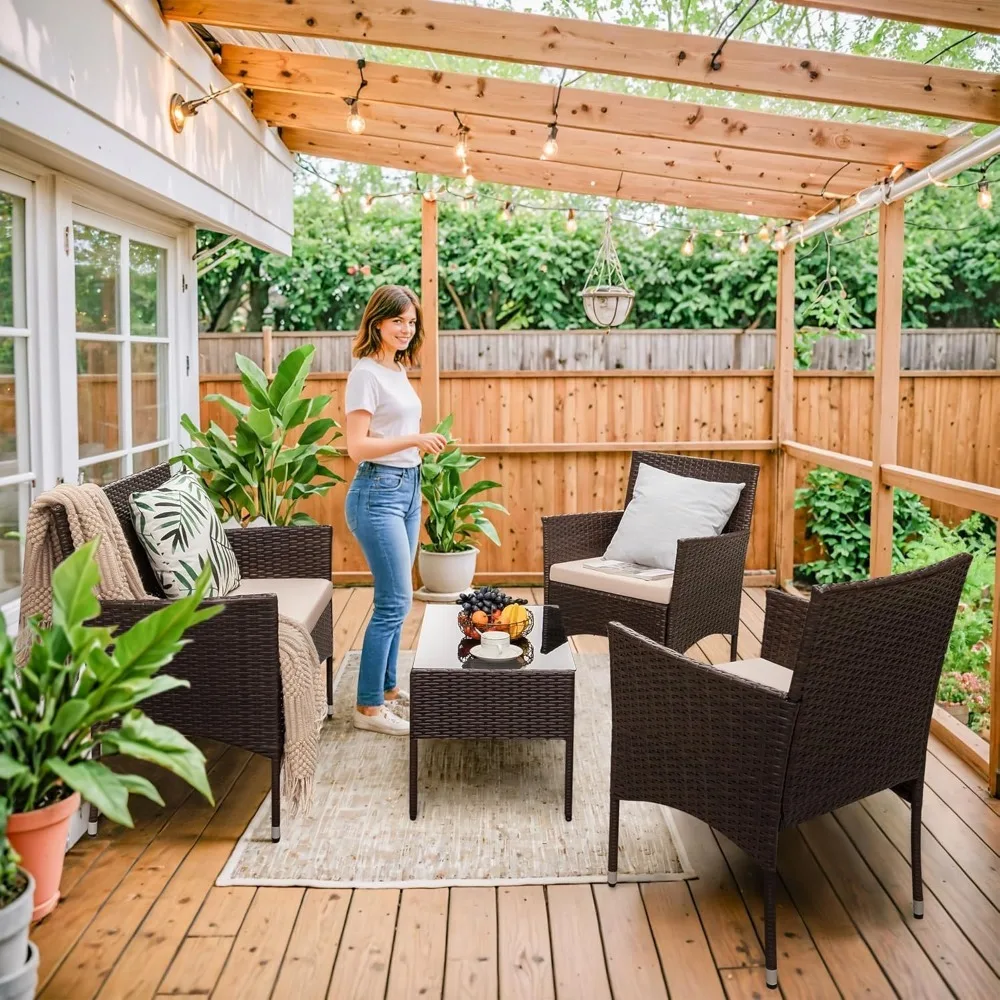 Ensemble de meubles de terrasse en rotin PE, ensemble de meubles de terrasse d'extérieur, comprenant une table classique du Guatemala et un coussin souple, 4 pièces