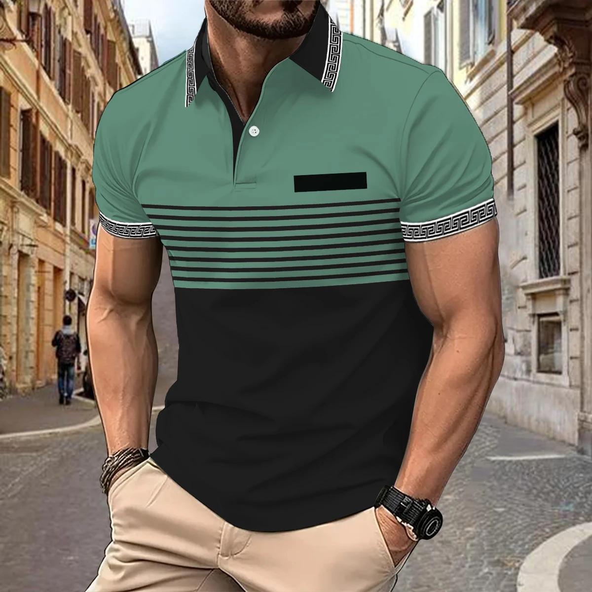 Camisa polo casual masculina, tamanho grande, botão decote em v, camiseta combinando listra empresarial, impressão por sublimação térmica, top, 2024