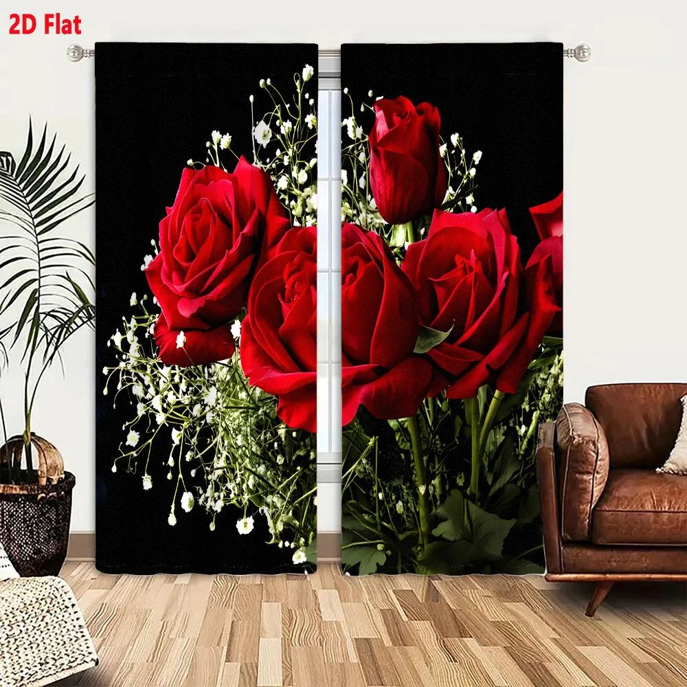 2Pcs Curtains Deep Red Roses With Baby's Breath On Black Background Window Drapes for Bedroom Room Decor Decoration Window Treat