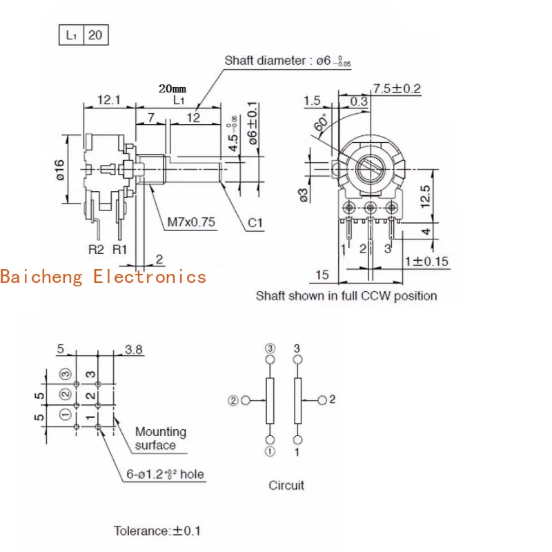 5PCS Potentiometer RK16 Dual 6-pin A50KX2 Amplifier Master Volume Adjustment 20 Half Axis