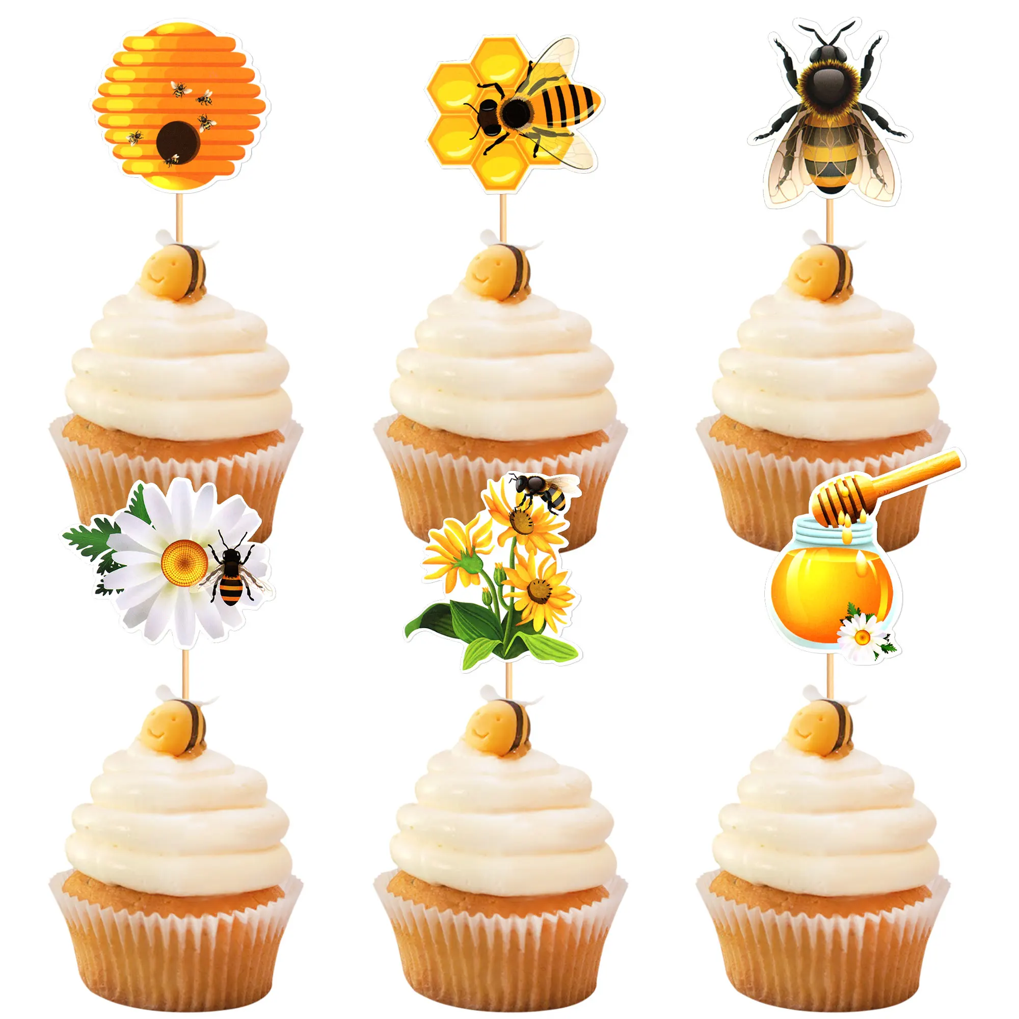 Bee Daisy Sun Flower Cake Topper Happy Birthday Wedding Bride Party Yellow Cupcake Toppers Baby Shower Baking Dessert DIY Decor