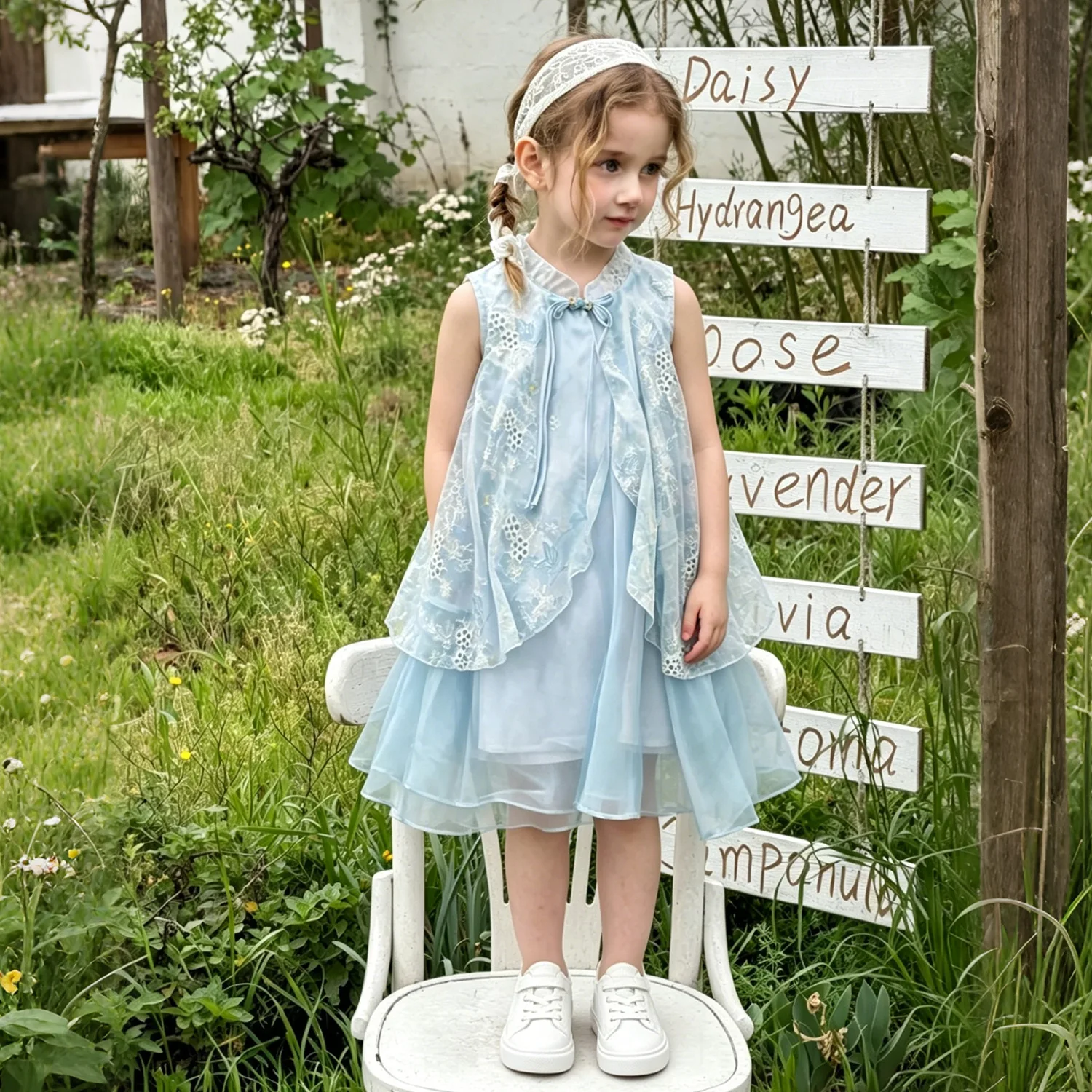

Girls Dress Summer French Sweet Princess Dress Children Lace Mesh Fake Two-piece Vest Dress