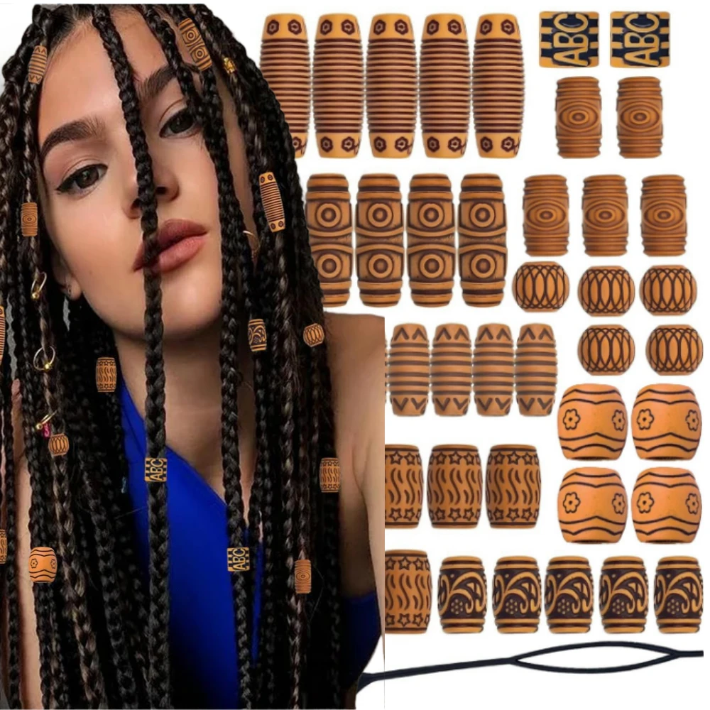 African Wig Dreadlock Wooden Beads 50Pcs/Bag Vintage Trendy Large Holes Braiding Beads with Carved Patterns Styling Tools Wooden