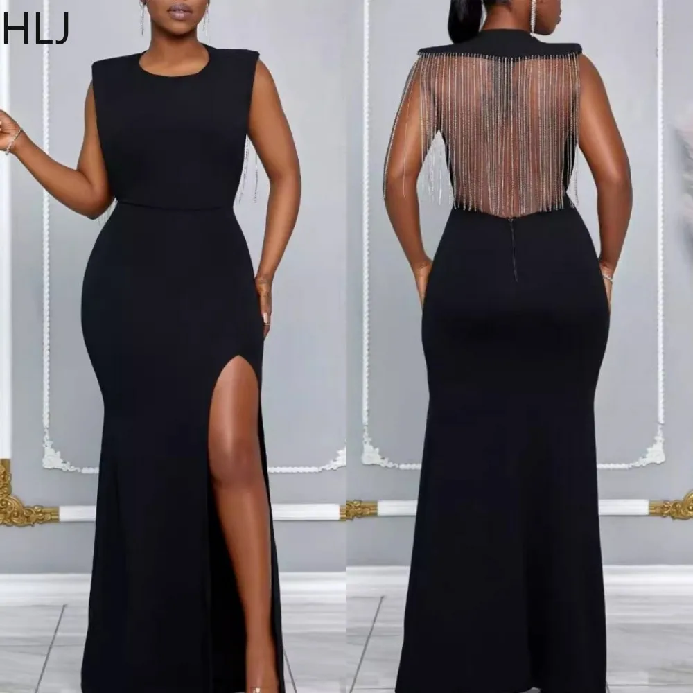 

HLJ Black Fashion Back Rhinestone Tassels Hollow Out Dress Women O Neck Sleeveless Slim Slit Party Club Vestidos Female Clothing