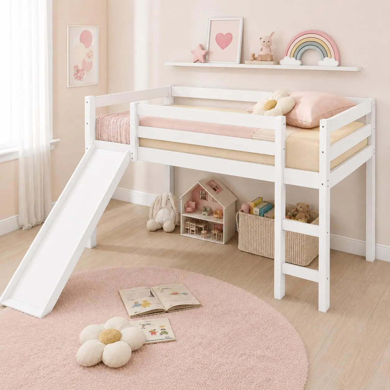 NAFORT Twin Size Loft Bed with Slide & Stairs – Low Loft Bed for Kids, Solid Wood Frame with Guard Rails, Slat Support & Climbin
