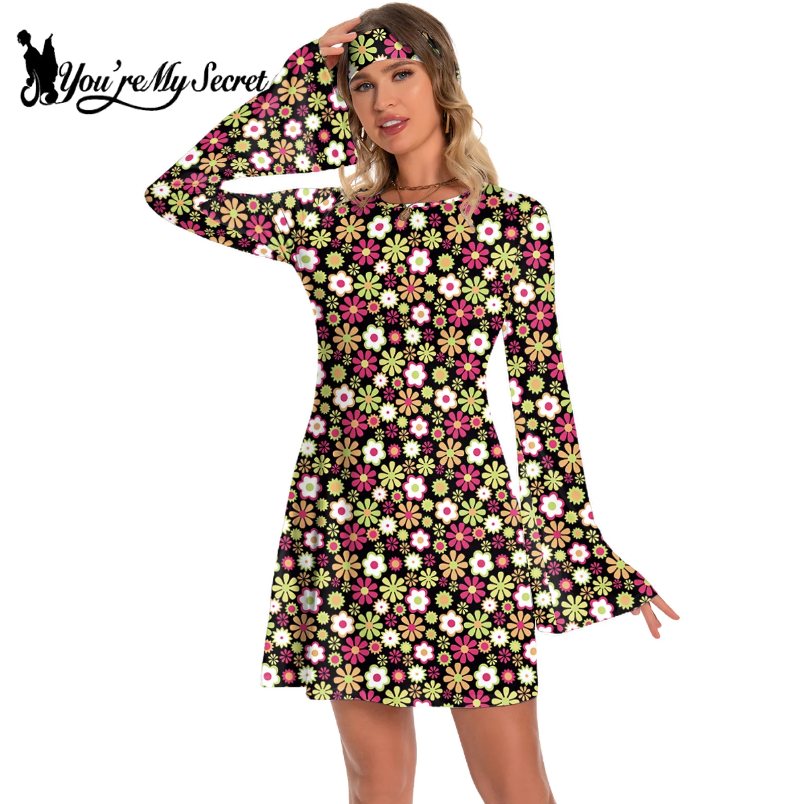 [You\'re My Secret] 60s 70s Women\'s Bohemian Style Disco Floral Printed Outfit Dresses Holiday Hippie Costume Clothes Vestidos
