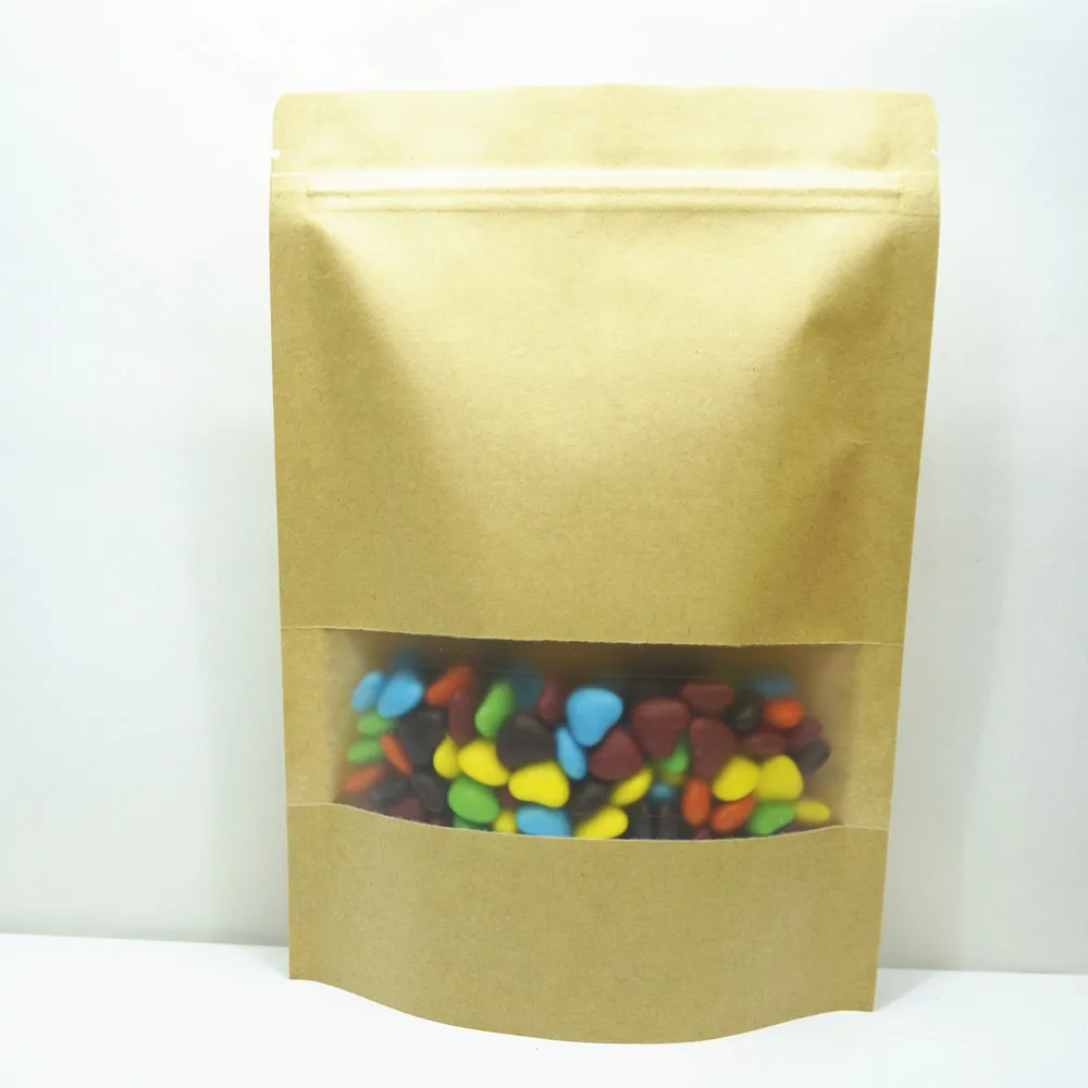 

100pcs Brown Stand-Up Kraft Paper Zip Lock Bags with Matte Clear Window, Self-Sealing Resealable Pouch for Storage Packaging