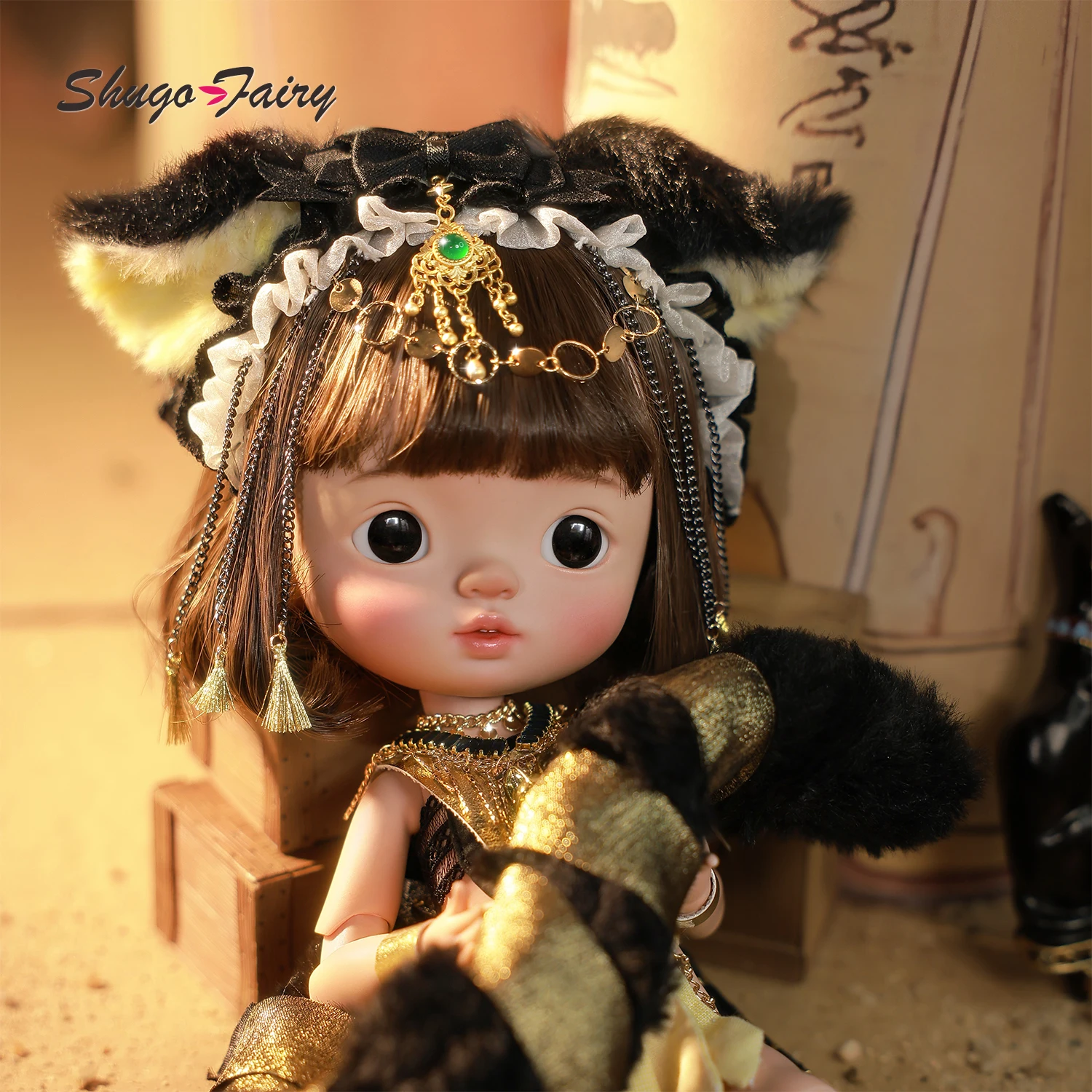 ShugaFairy Xavi D 1/6 BJD المصري - تشيبي باستيت آلهة القط الأسود القطيفة باتون اليدوية الراتنج مجموعة كاملة تحصيل
