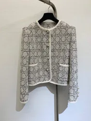 2024 Women's New Autumn/Winter Checkered Linen Jacket Women's Thick Blended Pearl Button Front Pocket Coat Top