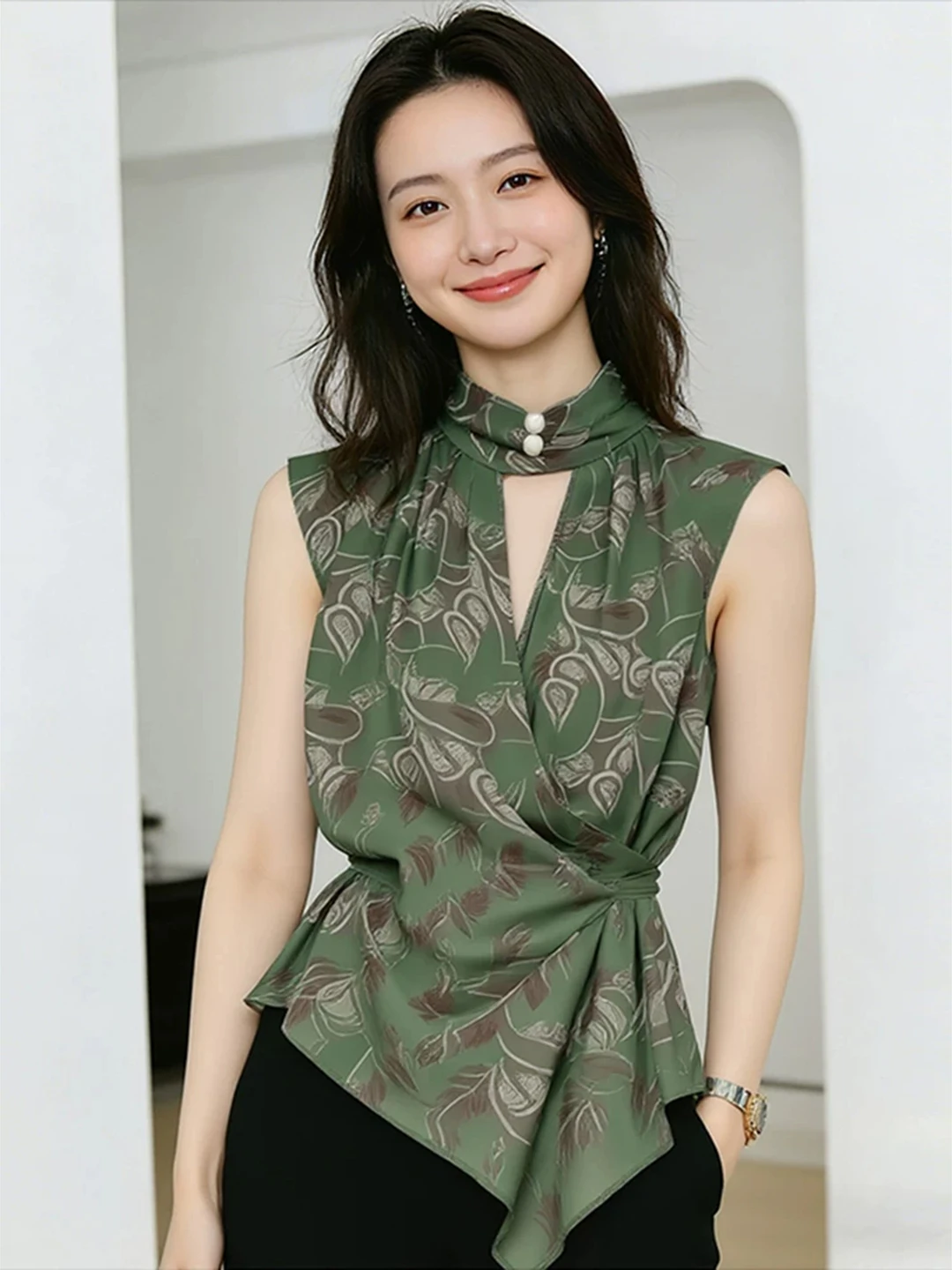 

Summer New Style Women's Shirt Vintage Green Print Waist-Cut Beautiful Unique High-End Fashion round Neck Sleeveless Midi Length