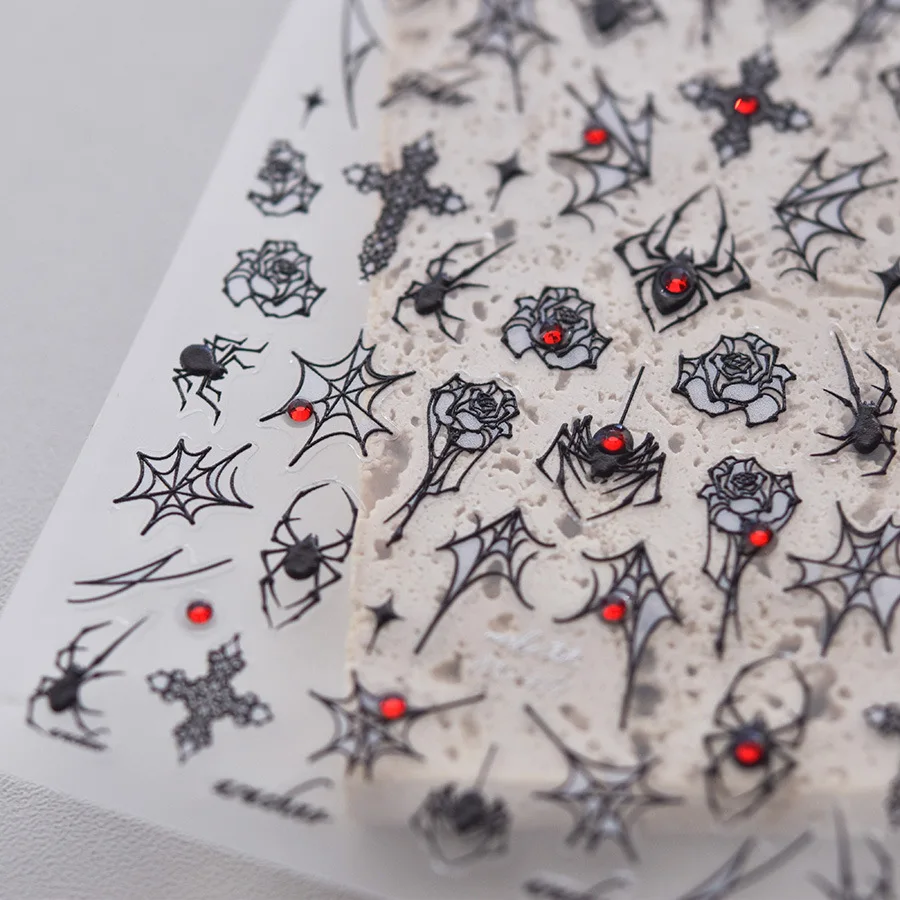 1pcs 5D Rhinestone Spider 3D Nail Art Stickers Cross Web Silver White Black Gothic Rose Adhesive Decals Halloween Nail Supplies