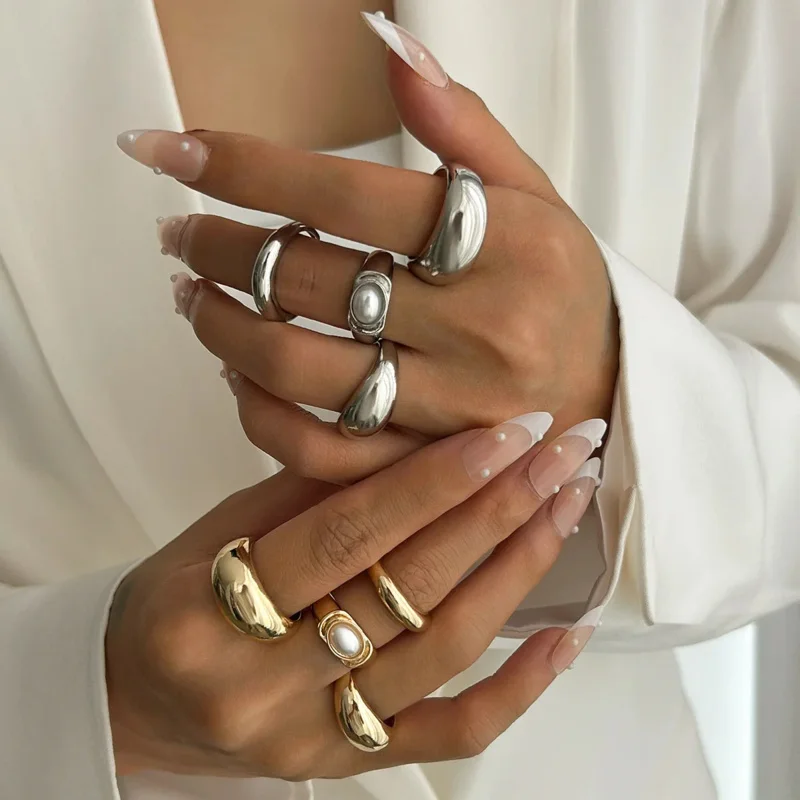 

Retro Metal Glossy Open Ring Set Pearl Luxury Twin Ring Party Jewelry for Women Ornament