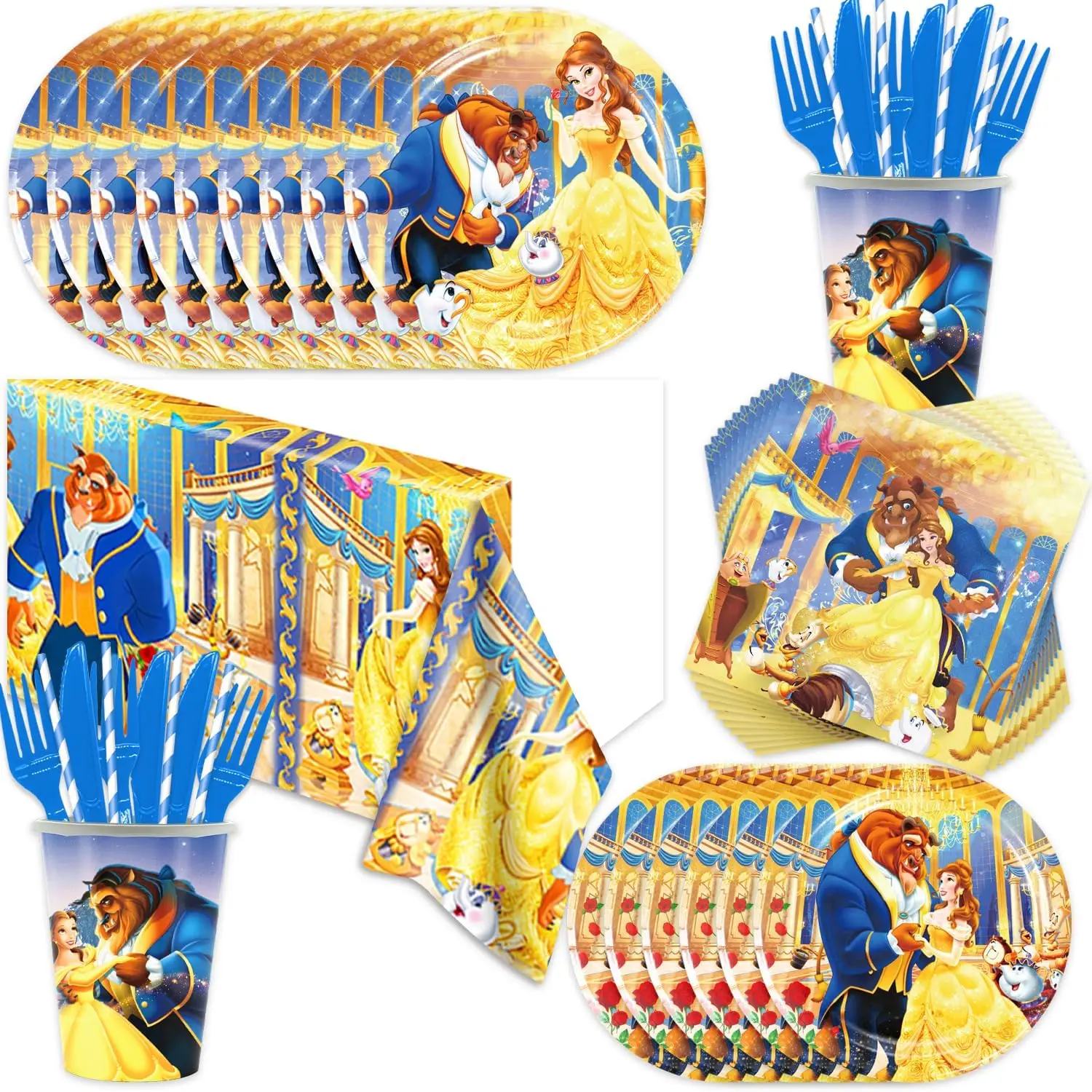 Die Schöne und das Biest Geburtstagsdekoration Tischgeschirr Pappbecher Teller Servietten Tischdecke Ballons Set für Kinder Mädchen Partyzubehör