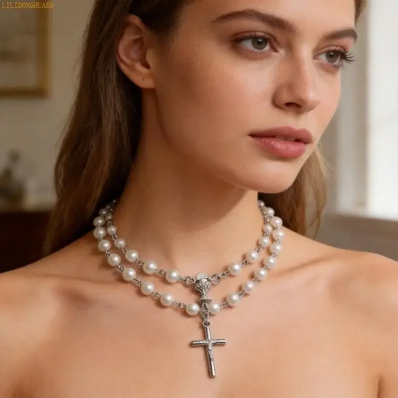 K1AE Rosary Beads Necklace First Communion Catholic Rosary Prayer Gift Men Women Chalice Crosses Rosary Crucifix Necklace