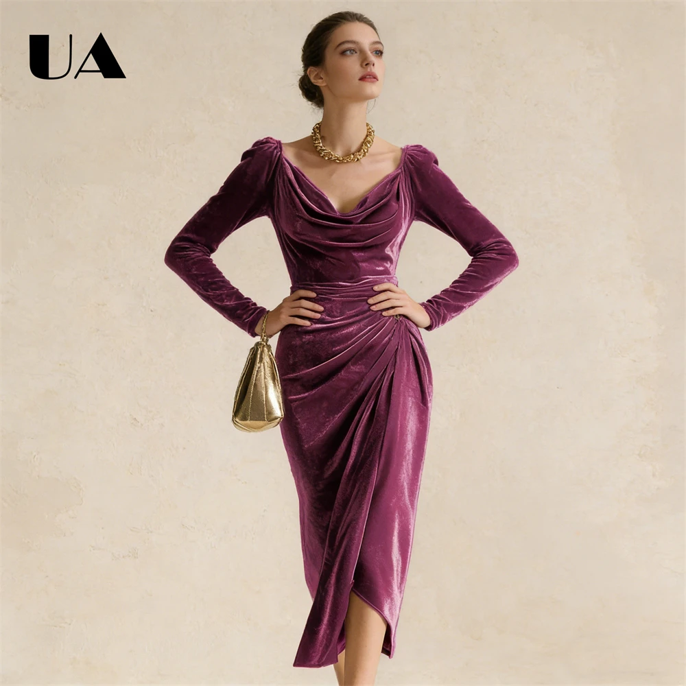 

Velvet Midi Dress with Cowl Neck, Puff Long Sleeves Gala Events Dresses Custom Tailoring Plus Size Formal Prom Gowns XS-3XL