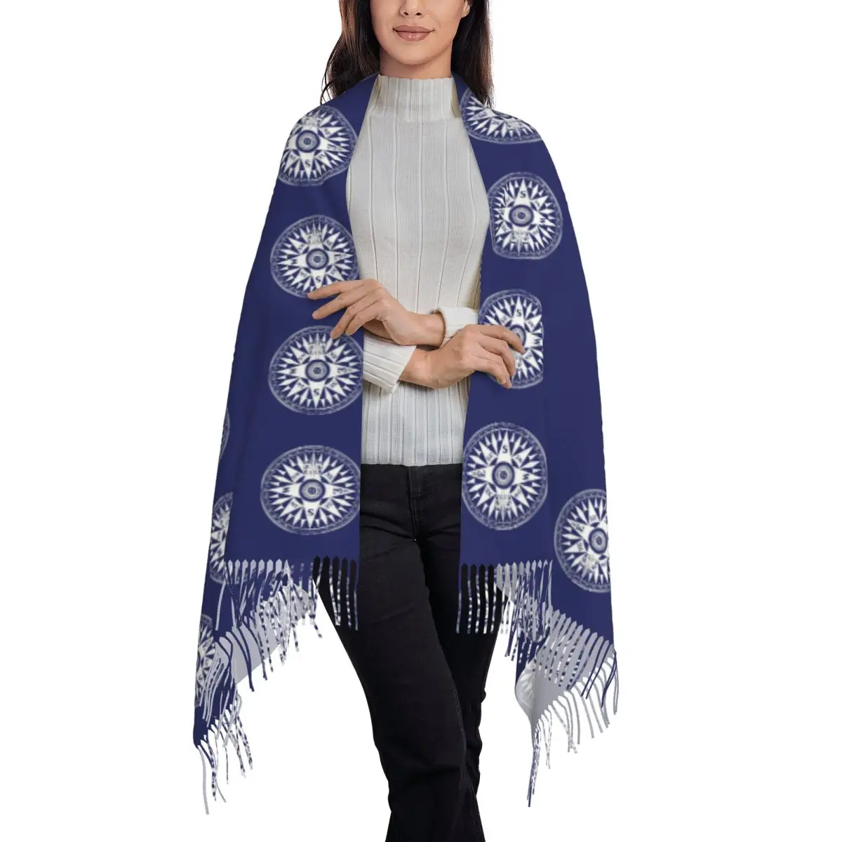 Nautical Compass Scarf Tassel Scarves for Women Soft Warm Shawls and Wraps Large Fall Winter Shawl Wrap